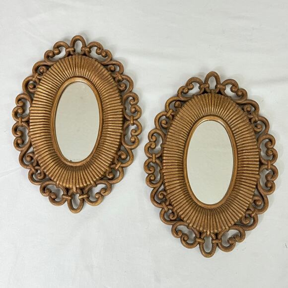 Vtg 1973 Homco #2615 Dart Pair of Oval Mirrors Brown Faux Wicker Rattan BOHO - Picture 1 of 5